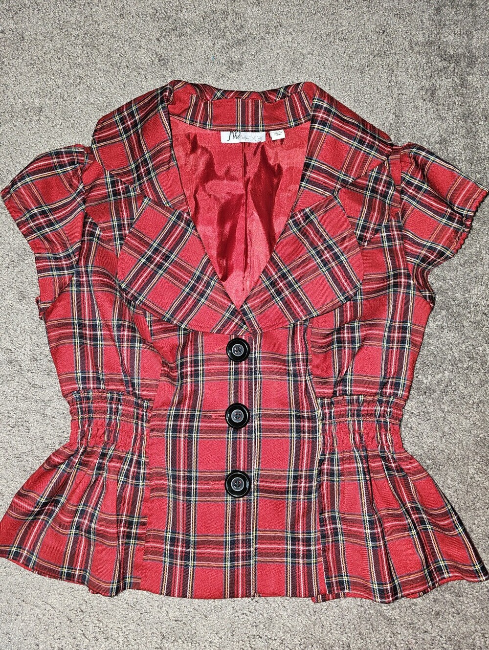 Vintage 1990s/Y2K Red Tartan Plaid Cropped Jacket Notched Collar Sz P Medium